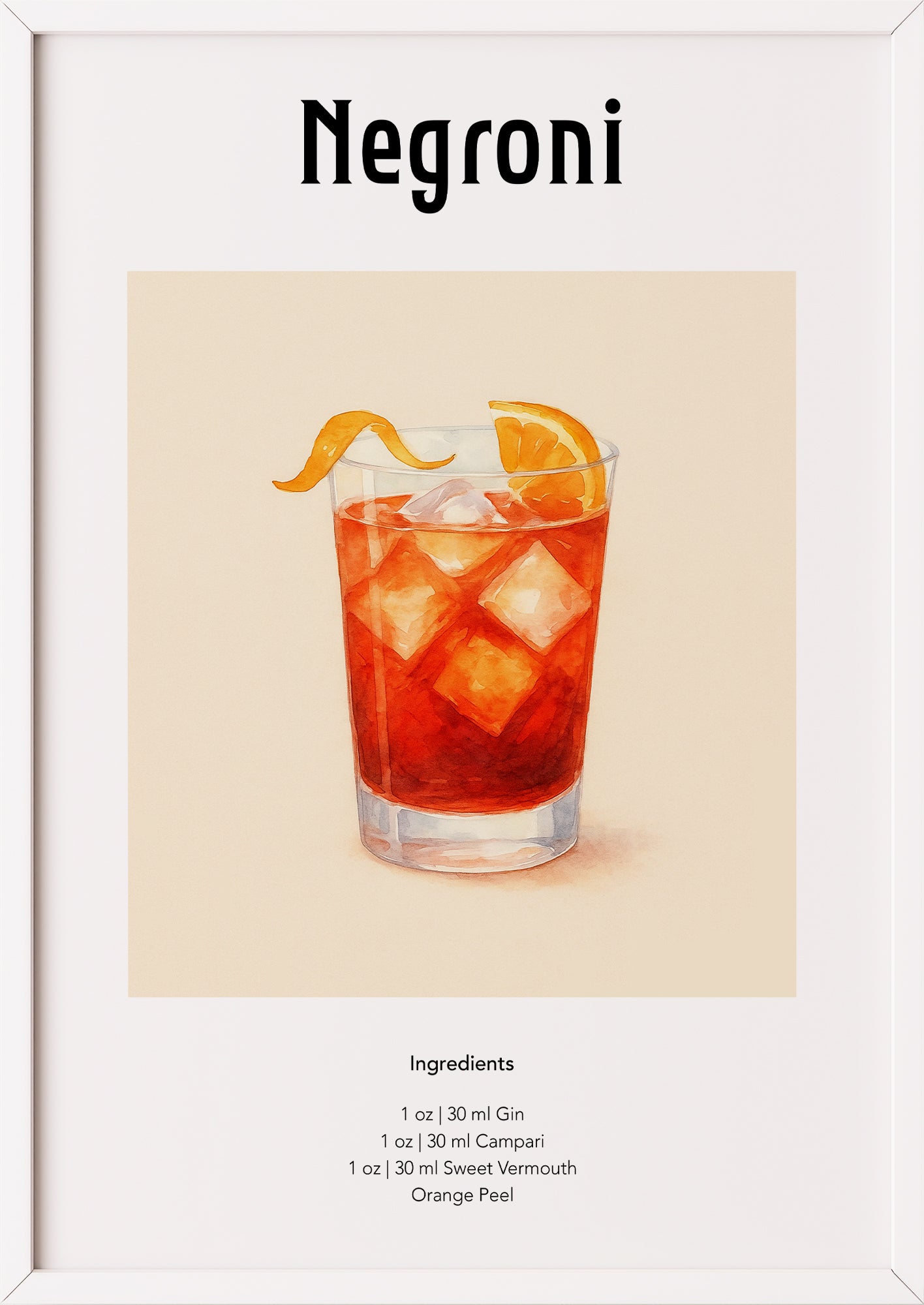 Gerahmtes Negroni Aquarellposter mit kräftigem Drink an Wand gelehnt