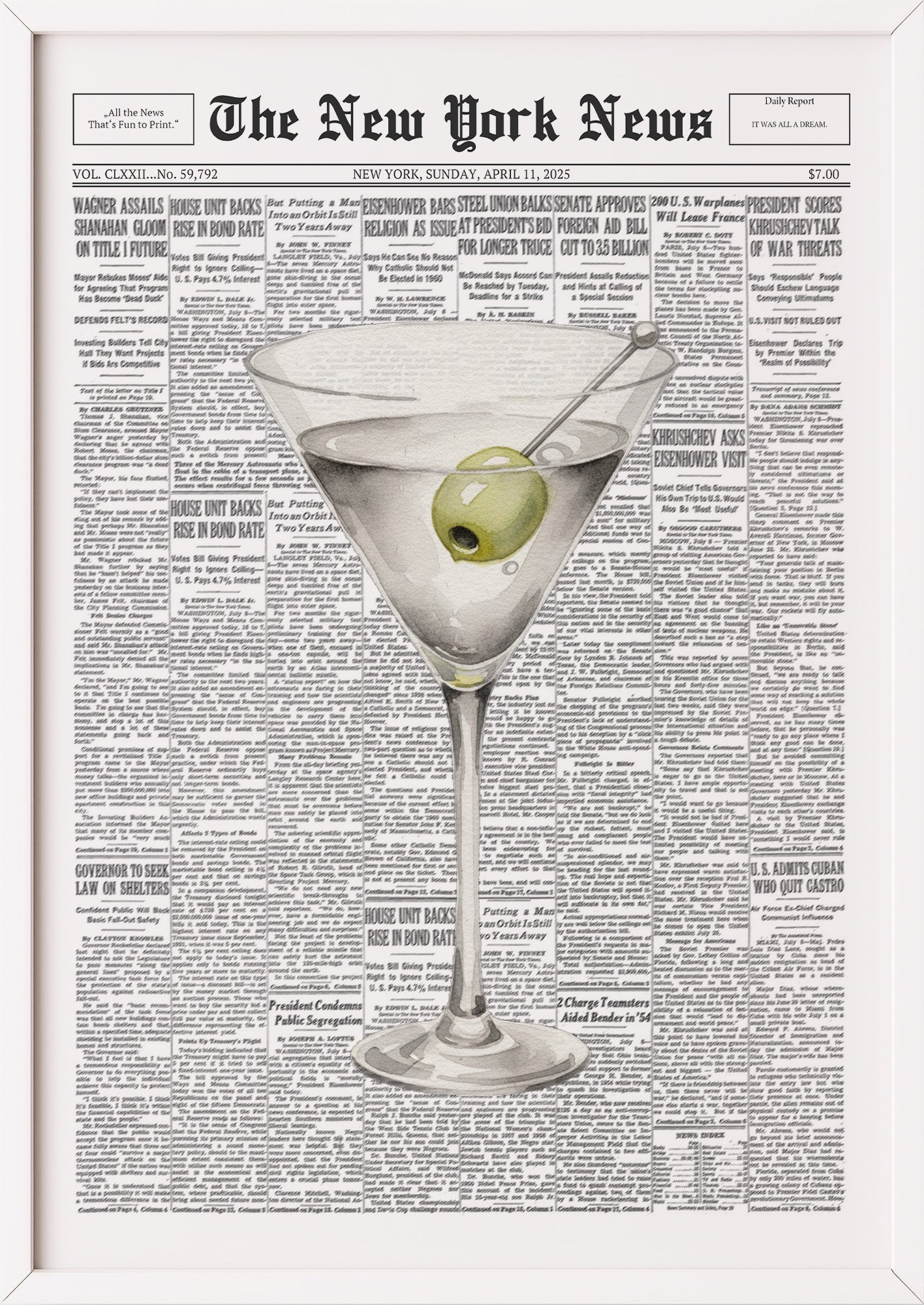 Poster Martini – Newspaper im weißen Holzrahmen