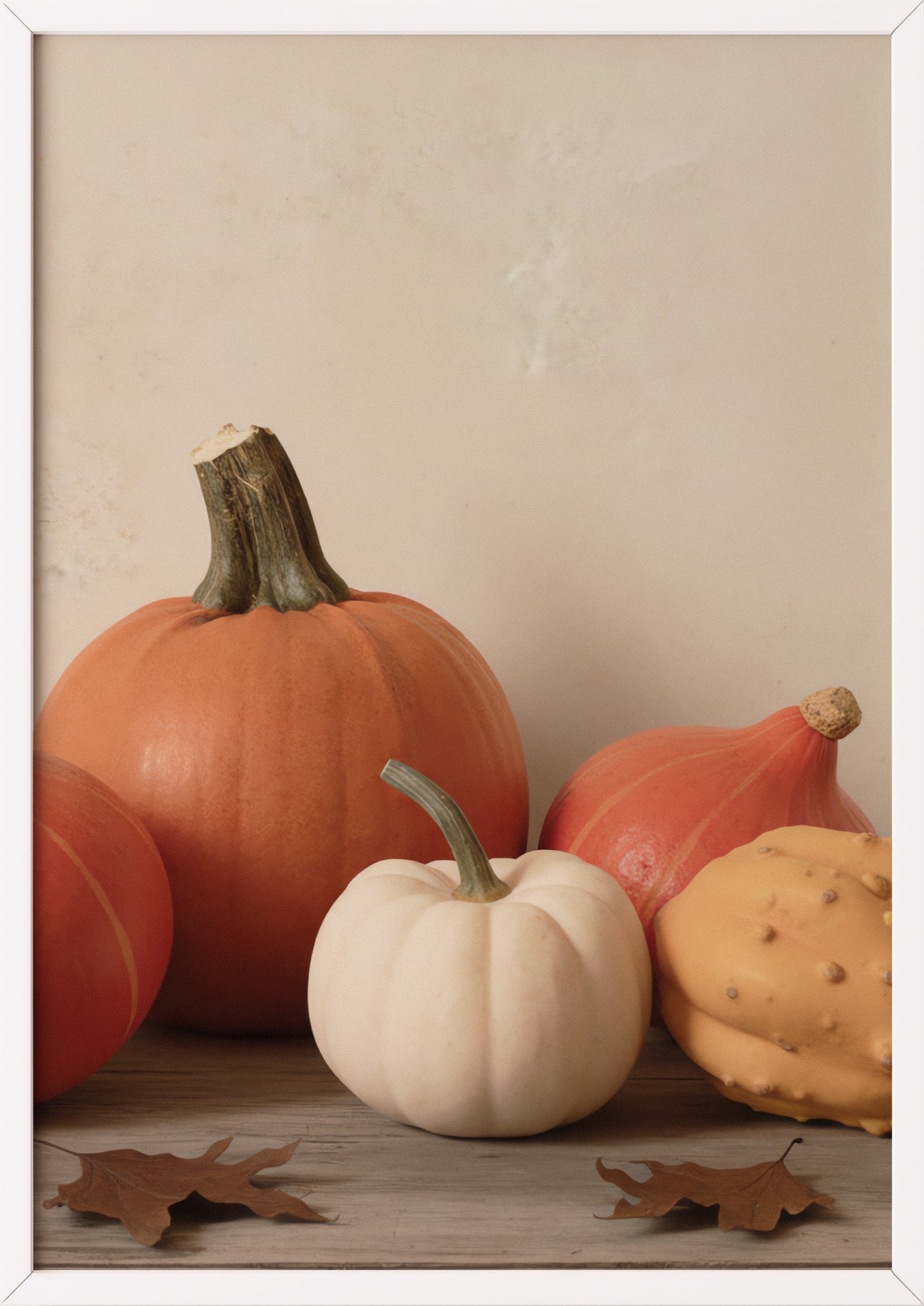 Poster Kürbis Sammlung im Herbst im weißen Holzrahmen