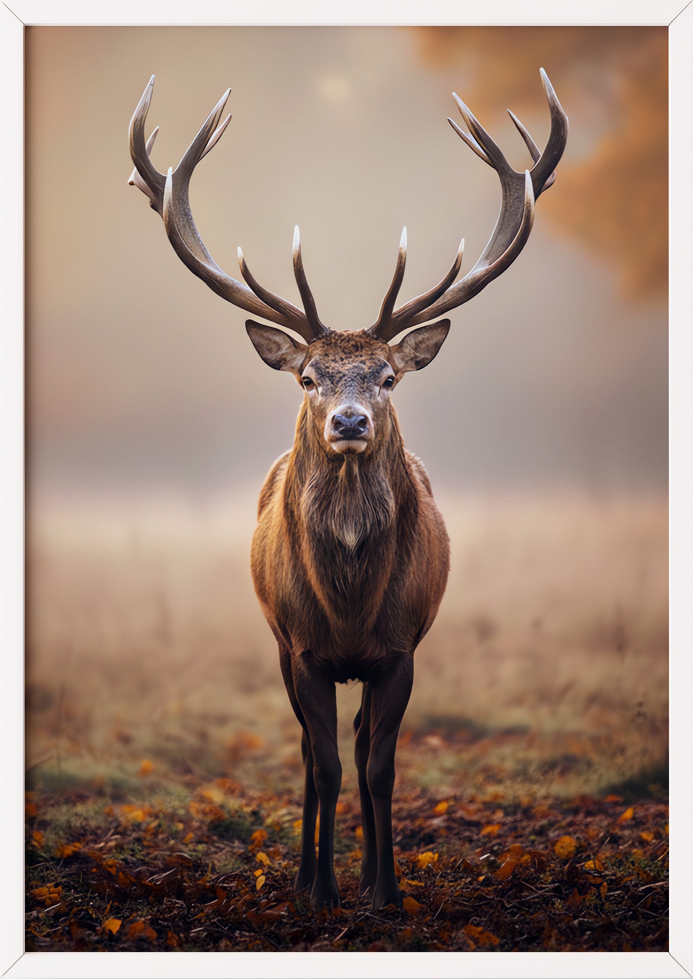 Poster Hirsch in Goldenem Licht im weißen Holzrahmen