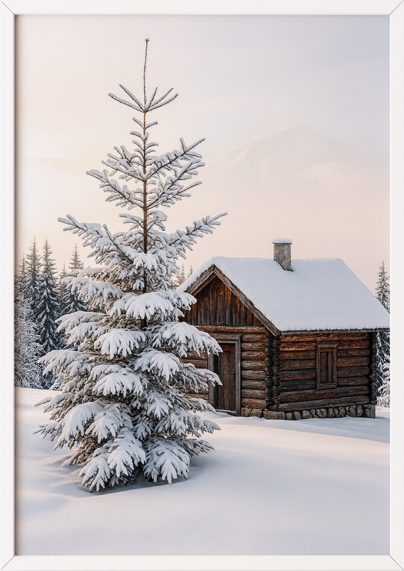 Poster Waldhütte mit Schnee bedeckt im weißen Rahmen