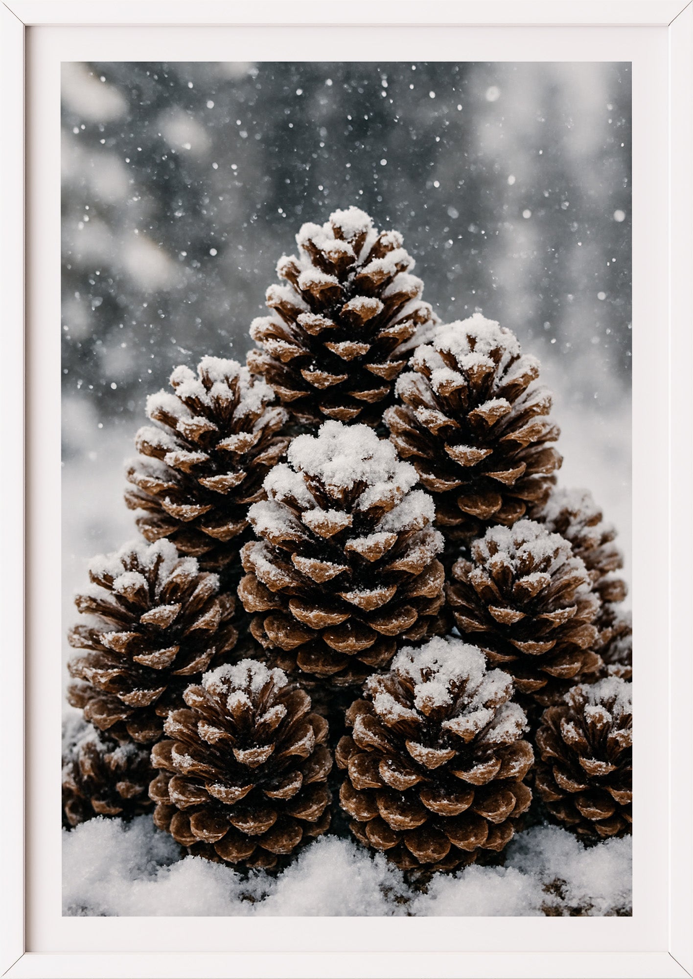 Poster Tannenzapfen im Schnee Closeup im weißen Rahmen