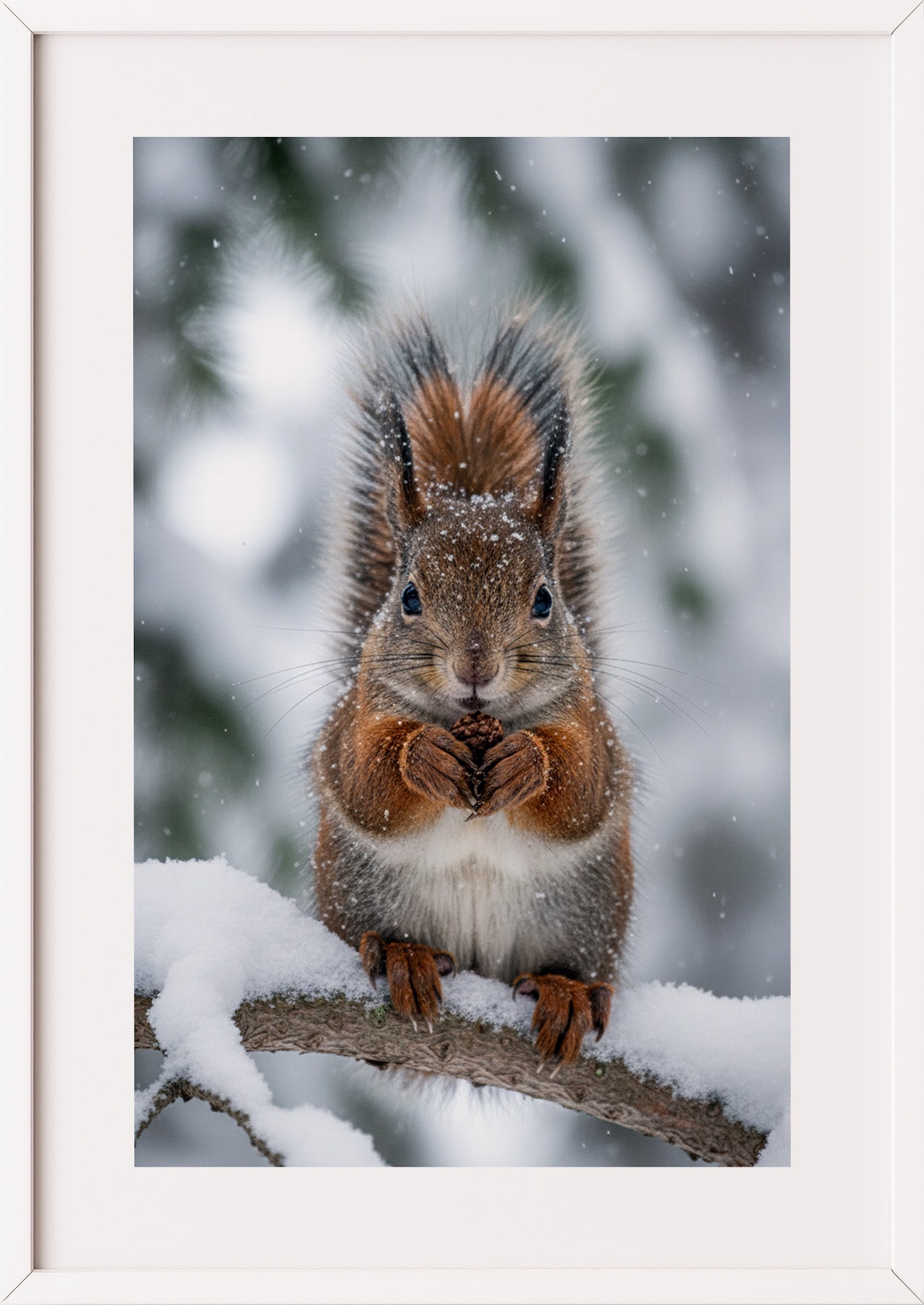 Poster Eichhörnchen im Schnee im weißen Rahmen