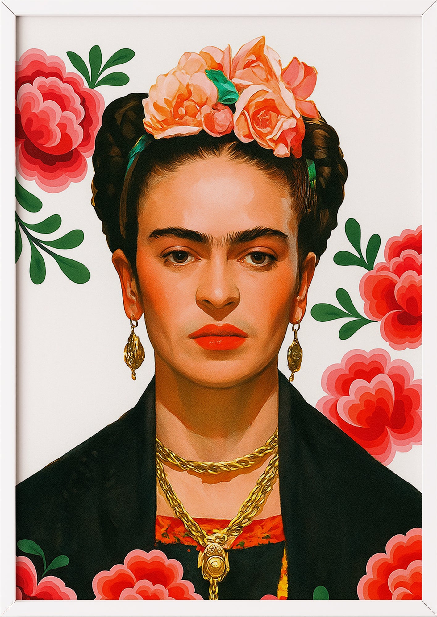Frida Kahlo Kunstdruck mit weißem Hintergrund, gerahmt in weißem Rahmen