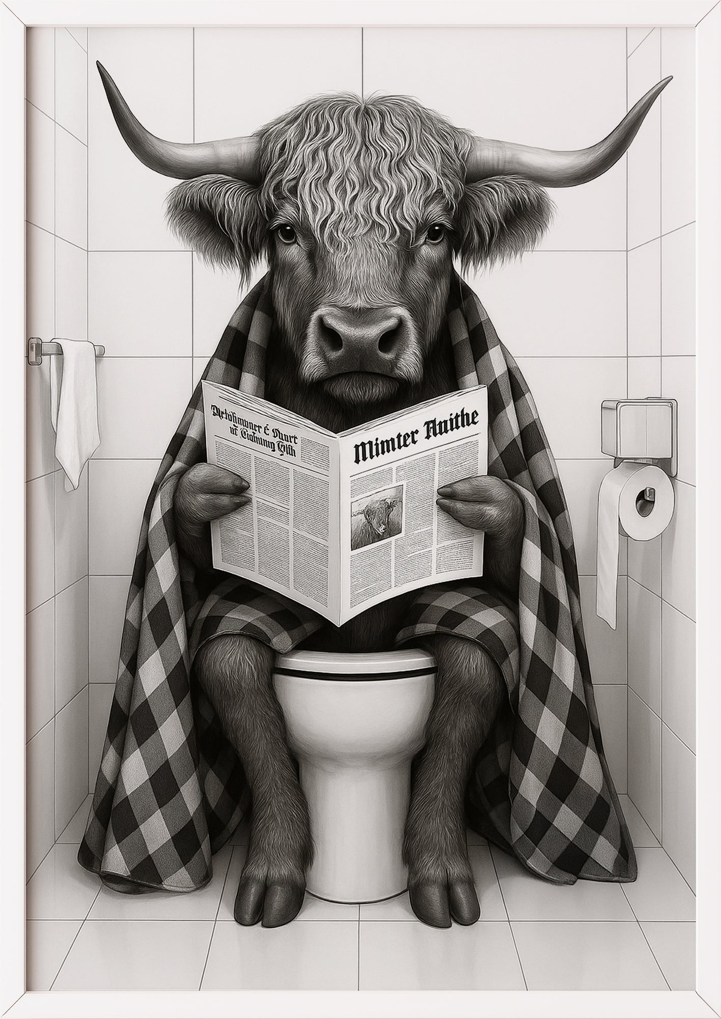 Bild Hochlandrind mit Karodecke gerahmt in weißem Rahmen