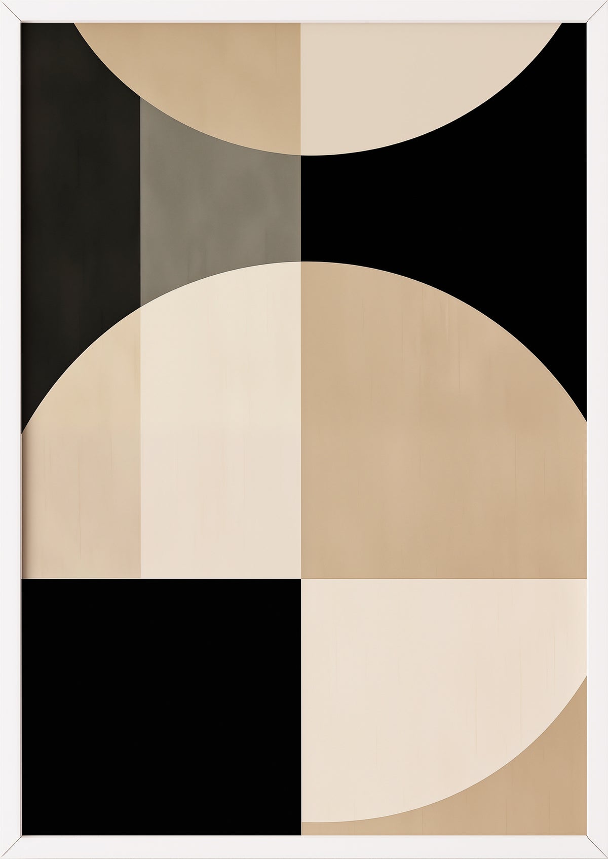 Geometrisches Poster in Beige und Schwarz im weißen Rahmen, Vorderansicht