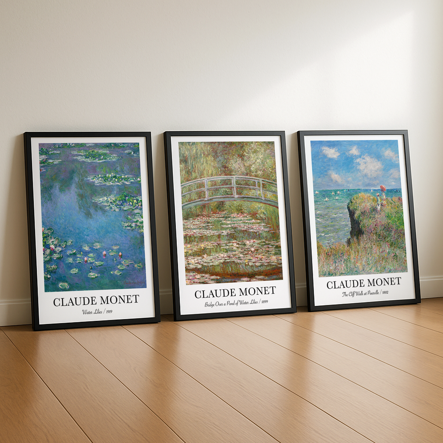 3 schwarze bilderrahmen mit claude monet poster set