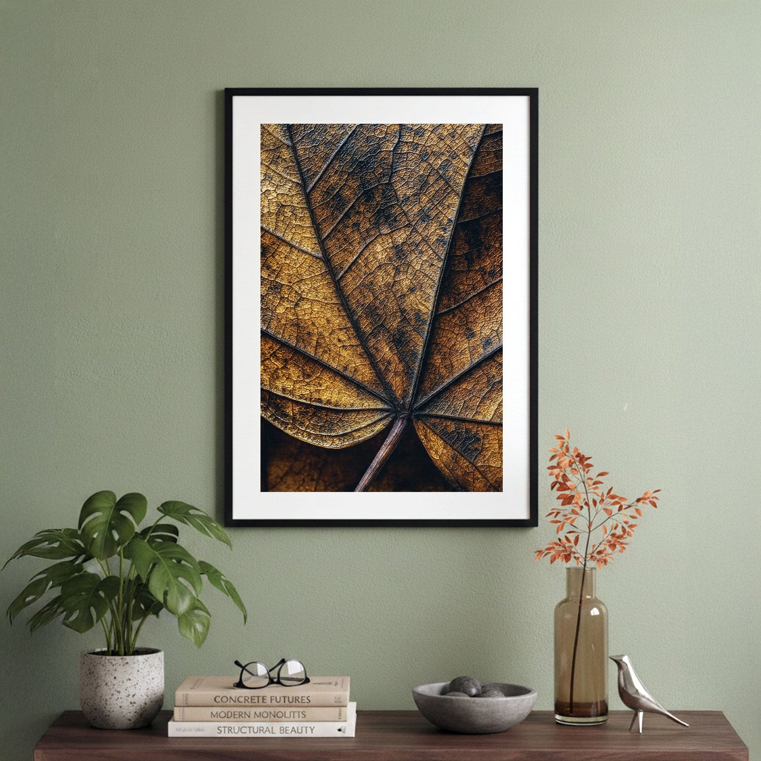 Struktur eines Blatts fotografiert als Foto Poster in schwarzem Holzrahmen