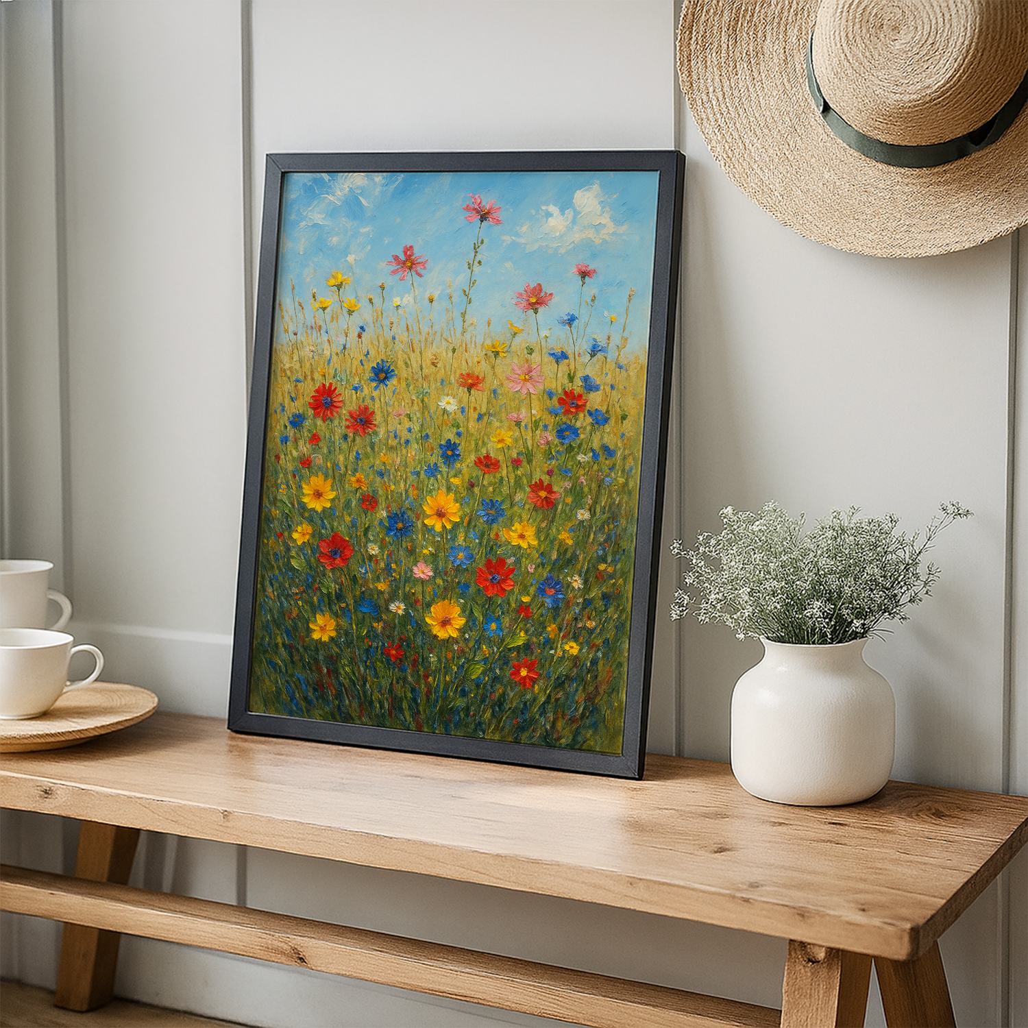 blumenwiese oelgemaelde in schwarzem rahmen in schönem flur