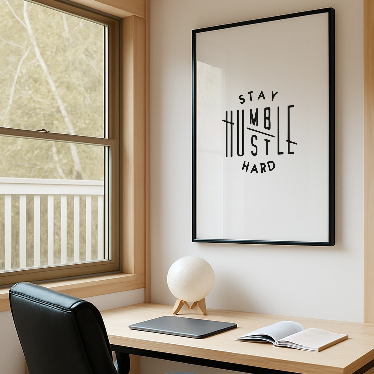 buero mit einem motivationsbild "stay humble hustle hard" in schwarzem rahmen