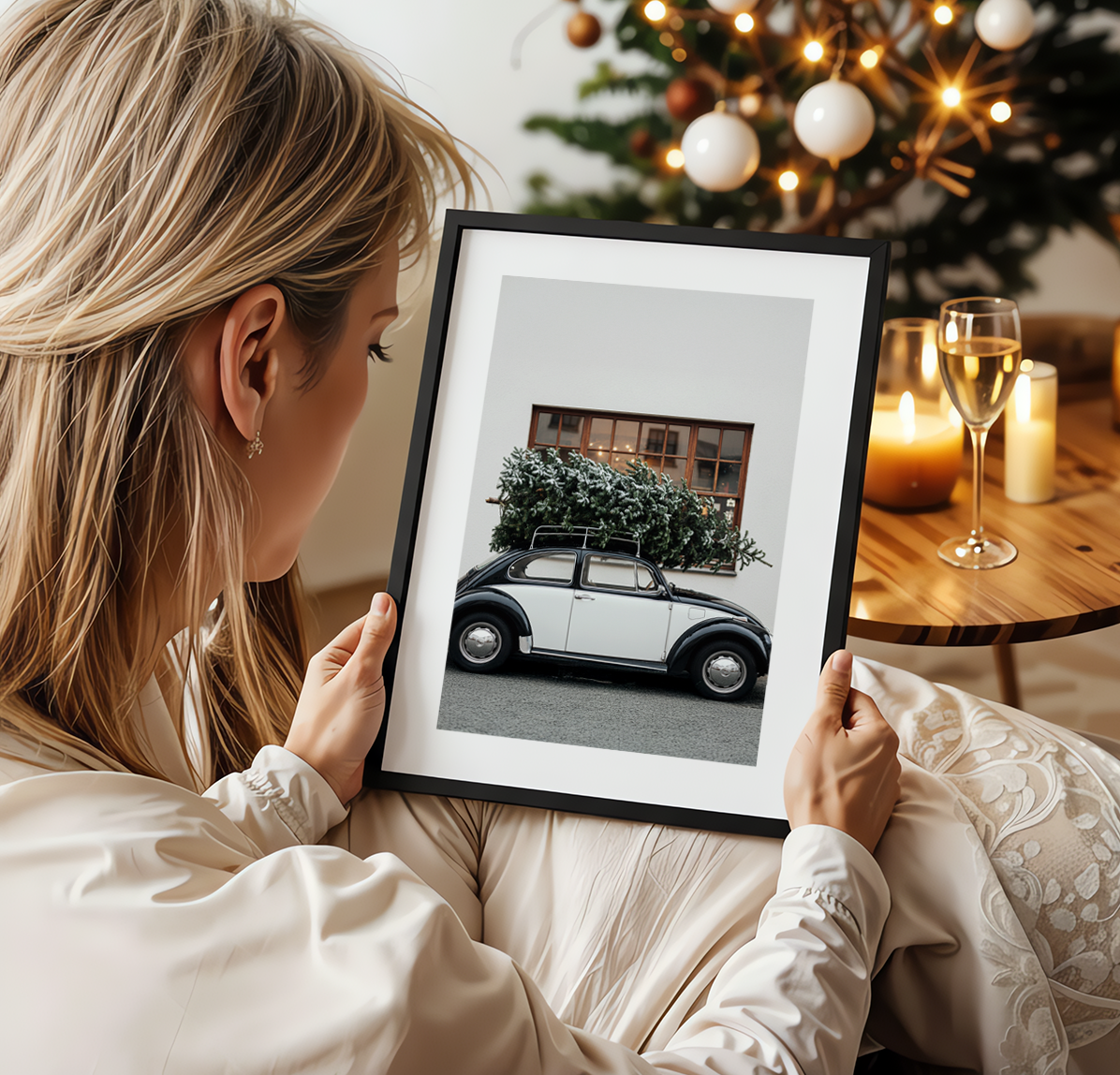 frau hält weihnachtsbild mit beetle und weihnachtsbaum in der hand
