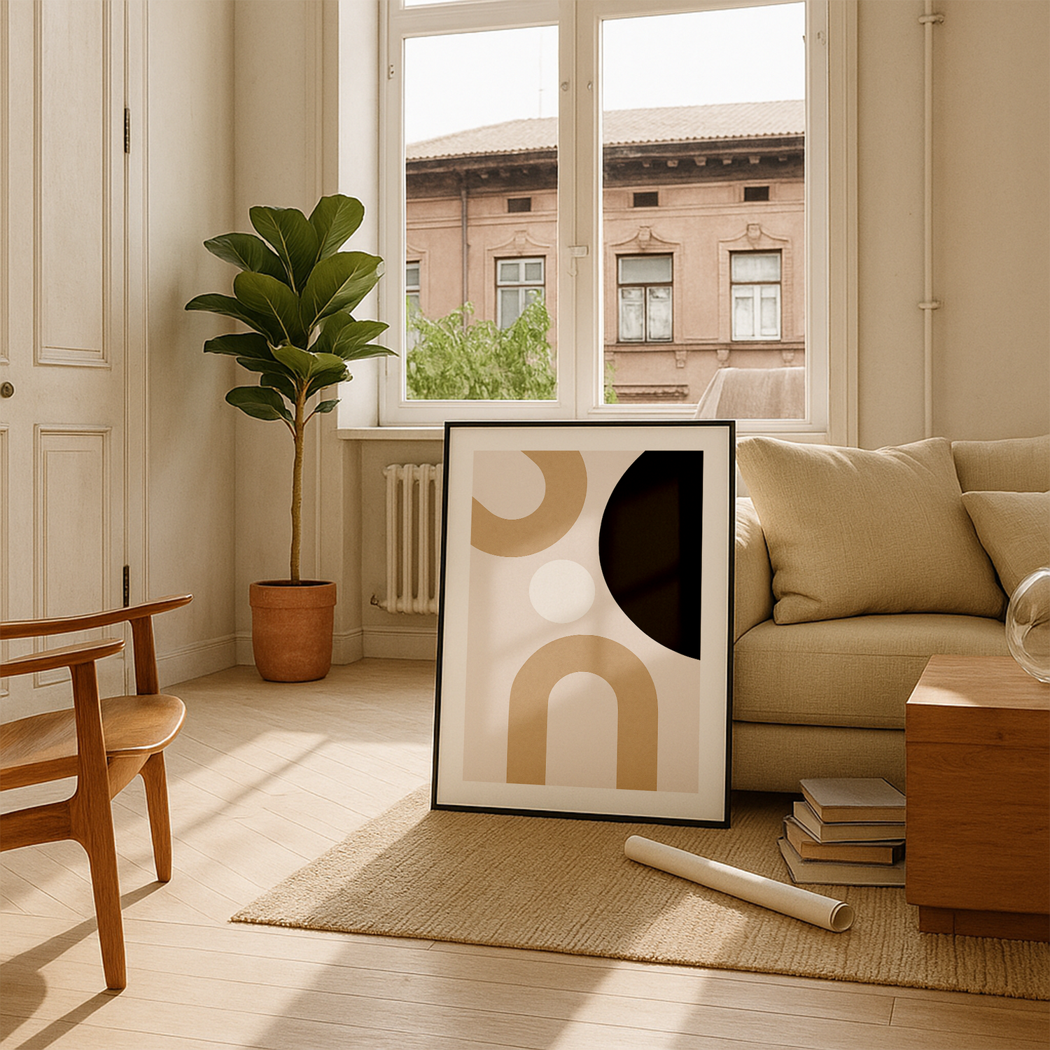 wohnzimmer mit beigem boho design poster