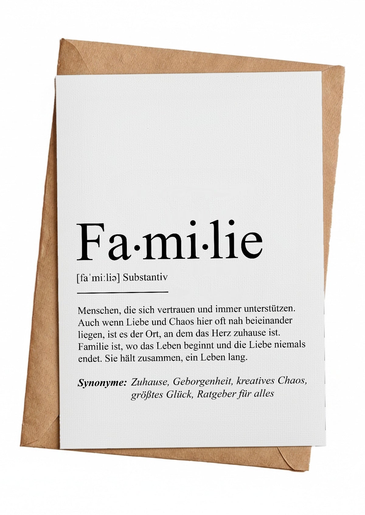 Grußkarte Familie mit Definition im Wörterbuch-Stil auf Kraftpapier-Umschlag