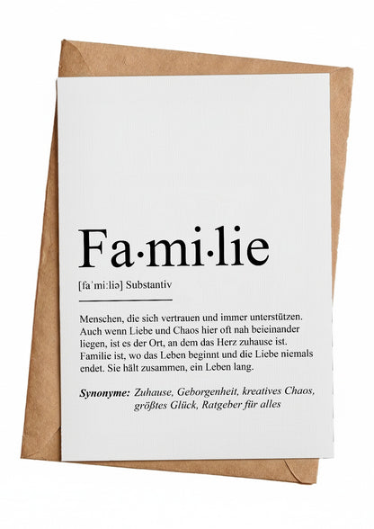 Grußkarte Familie mit Definition im Wörterbuch-Stil auf Kraftpapier-Umschlag