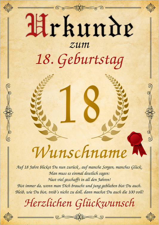 Urkunde zum Geburstag - Alter & Name - Personalisiert