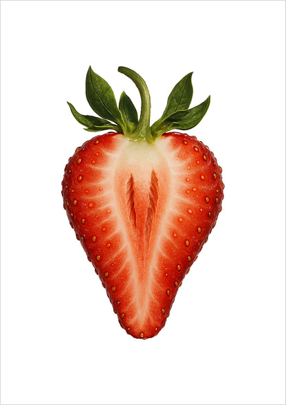 Freigestellte Illustration einer halbierten Erdbeere auf weißem Hintergrund – stilvolles Frucht Poster