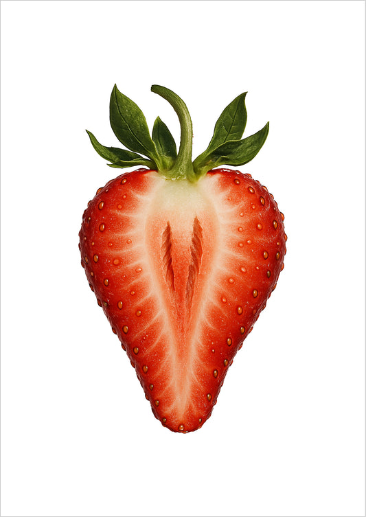 Freigestellte Illustration einer halbierten Erdbeere auf weißem Hintergrund – stilvolles Frucht Poster
