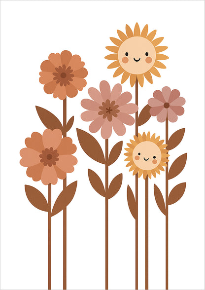 Illustration mit fröhlichen Blumen und zwei Sonnenblumen mit Gesichtern auf weißem Hintergrund