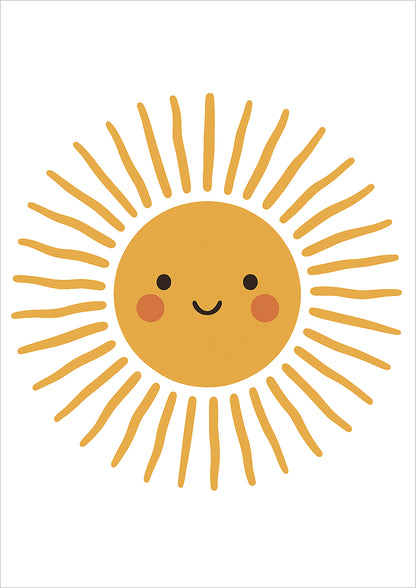 Illustration einer lachenden Sonne mit langen Strahlen auf weißem Hintergrund