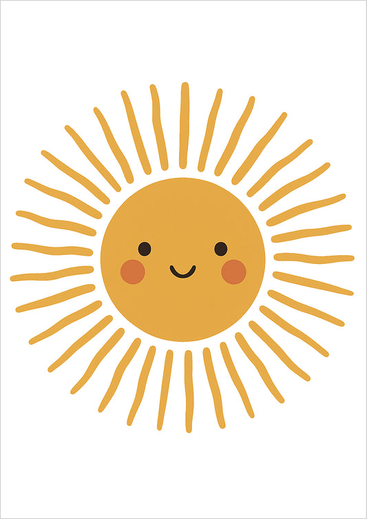 Illustration einer lachenden Sonne mit langen Strahlen auf weißem Hintergrund