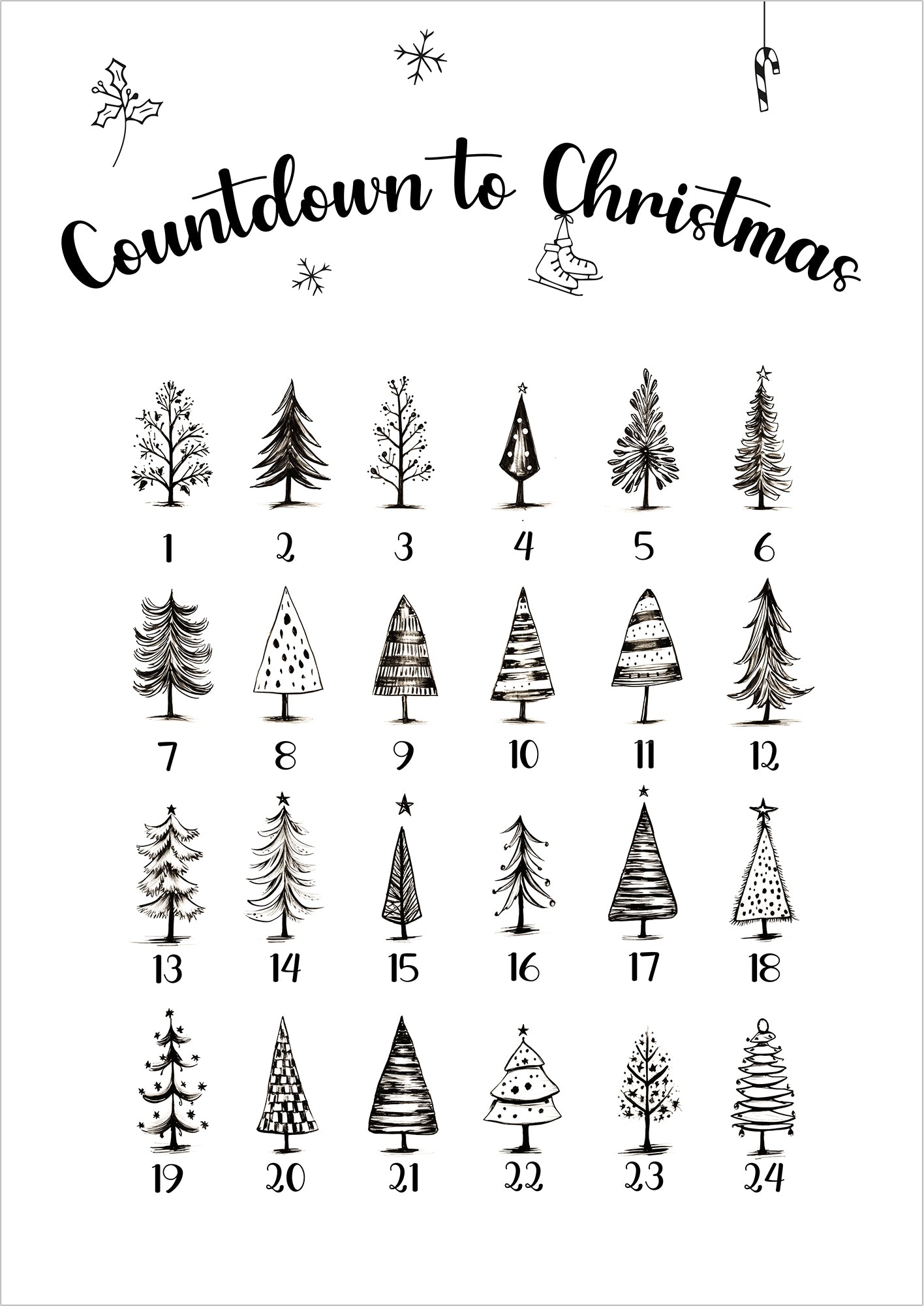 Weihnachts-Poster „Countdown to Christmas“ mit 24 gezeichneten Tannenbäumen, freigestellt