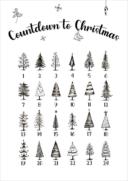 Weihnachts-Poster „Countdown to Christmas“ mit 24 gezeichneten Tannenbäumen, freigestellt