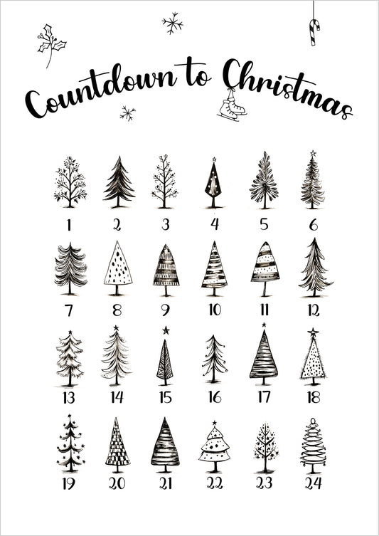 Weihnachts-Poster „Countdown to Christmas“ mit 24 gezeichneten Tannenbäumen, freigestellt