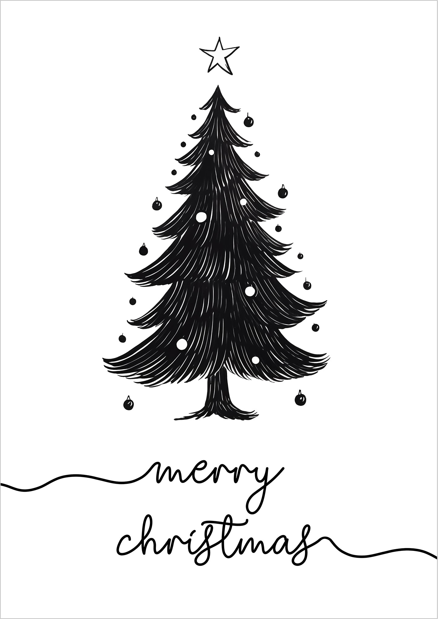 Weihnachts-Poster mit schwarzem Tannenbaum und „Merry Christmas“-Schriftzug, freigestellt