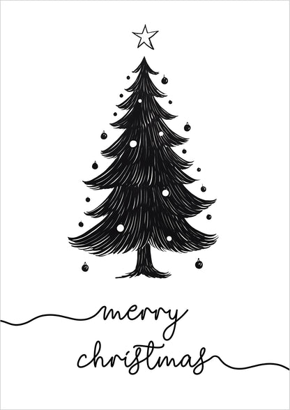 Weihnachts-Poster mit schwarzem Tannenbaum und „Merry Christmas“-Schriftzug, freigestellt