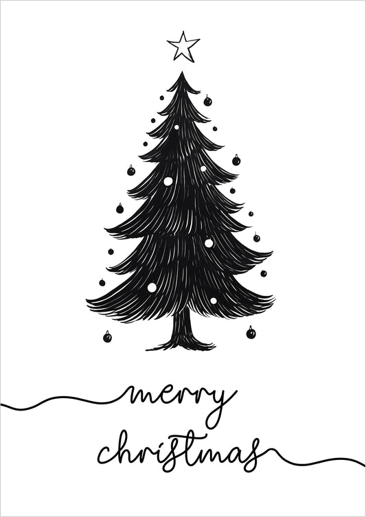 Weihnachts-Poster mit schwarzem Tannenbaum und „Merry Christmas“-Schriftzug, freigestellt