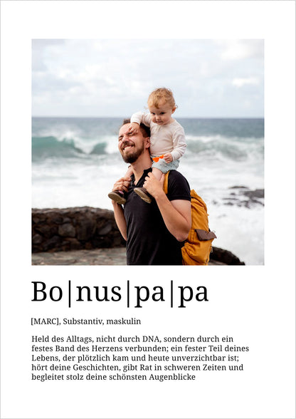 Bonuspapa Poster Definition personalisiert mit Foto und Name, liebevolles Geschenk für Stiefväter