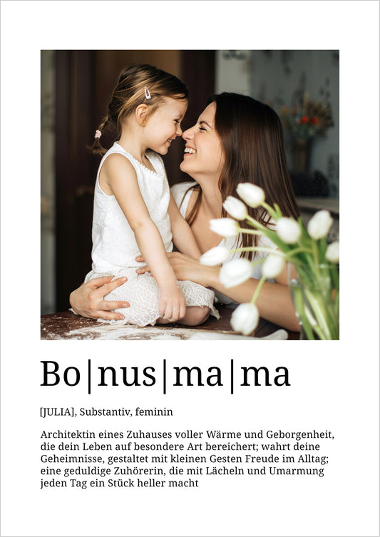 Bonusmama Poster Definition personalisiert mit Foto und Name, Geschenkidee für Stiefmütter