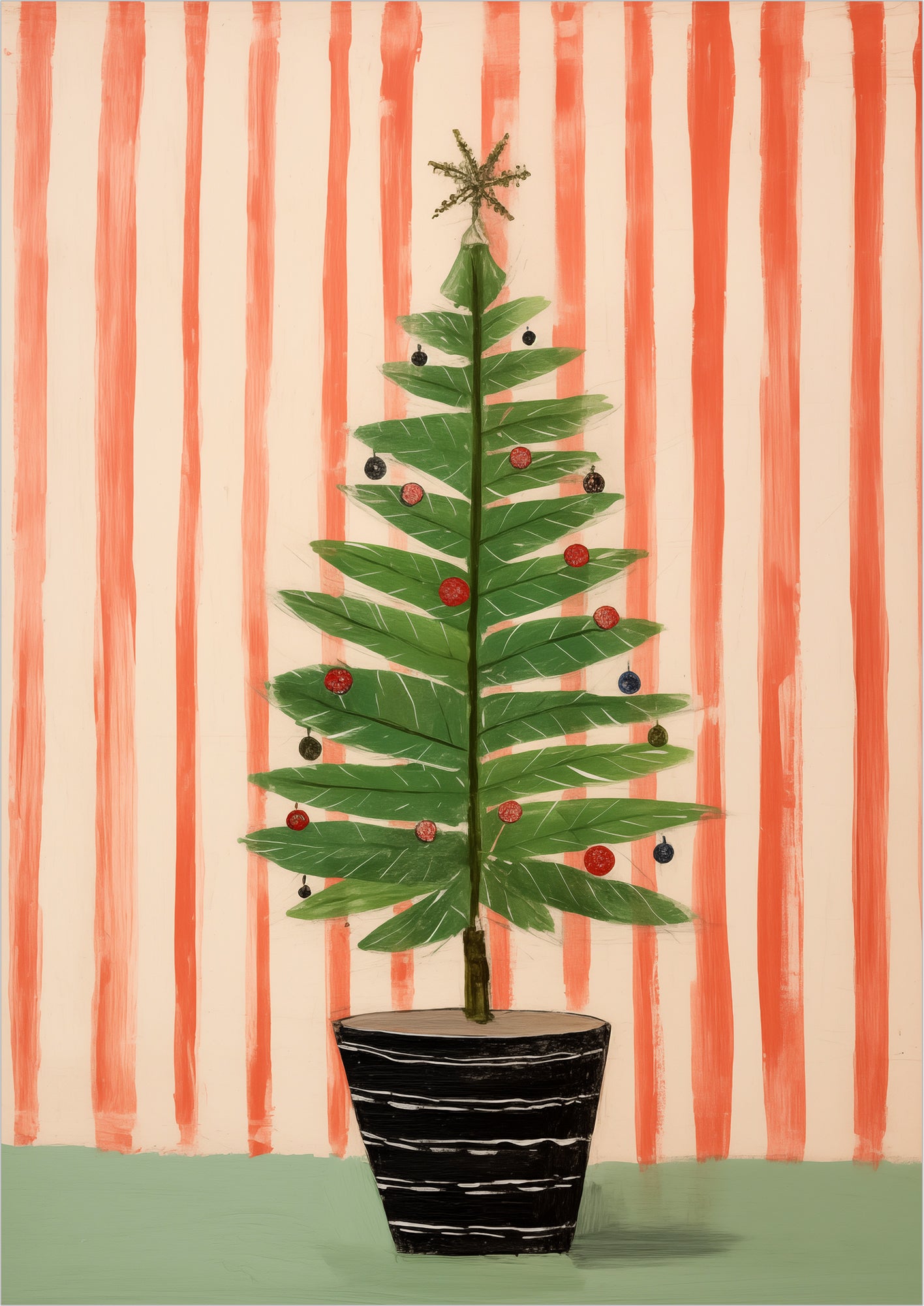 Weihnachts-Poster mit modernem grünen Baum vor rotem Streifenhintergrund, freigestellt