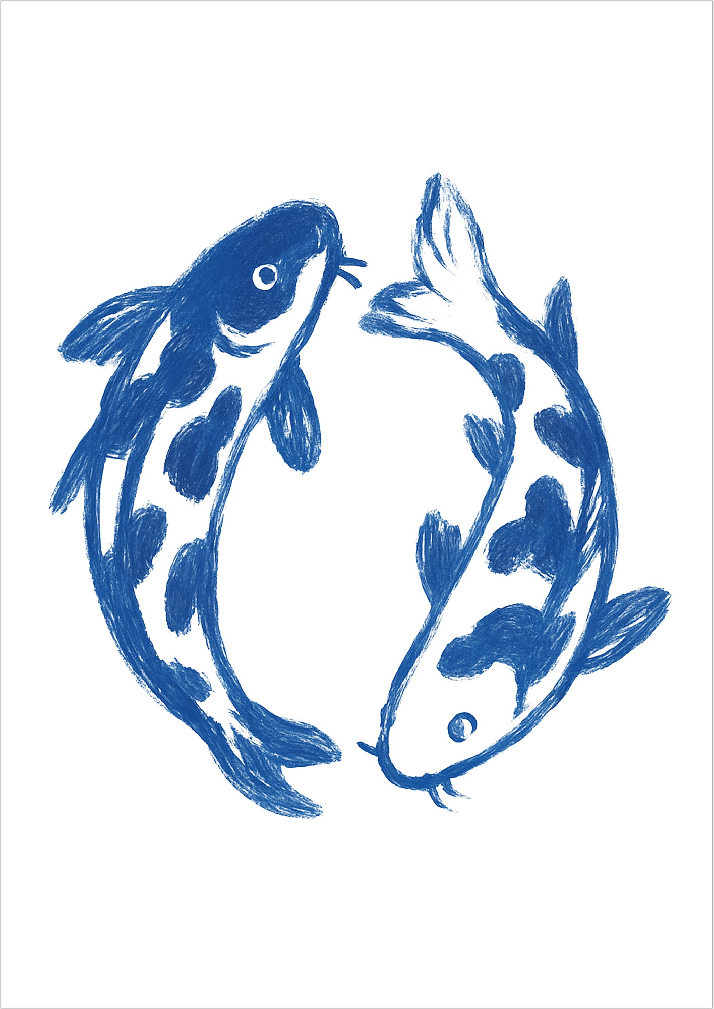 Freigestellte Illustration von zwei blauen Koi Fischen im Kreis – minimalistisches Line Art Kunstposter