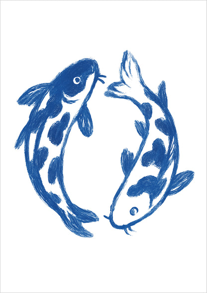 Freigestellte Illustration von zwei blauen Koi Fischen im Kreis – minimalistisches Line Art Kunstposter