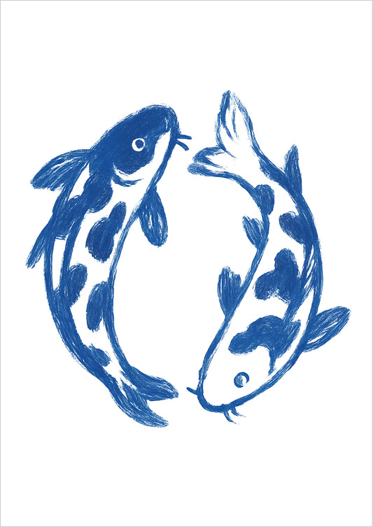 Freigestellte Illustration von zwei blauen Koi Fischen im Kreis – minimalistisches Line Art Kunstposter