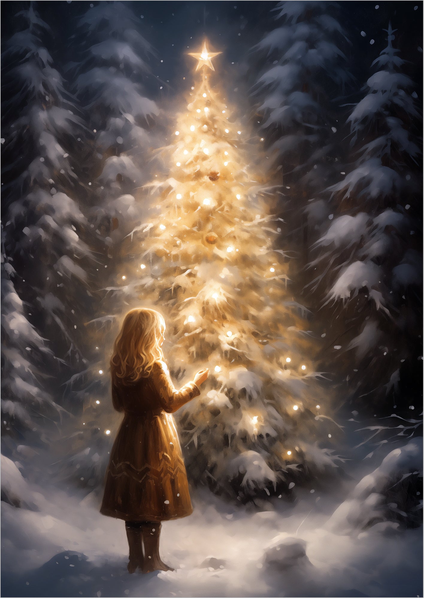 Weihnachts-Poster mit leuchtendem Baum im verschneiten Wald, freigestellt