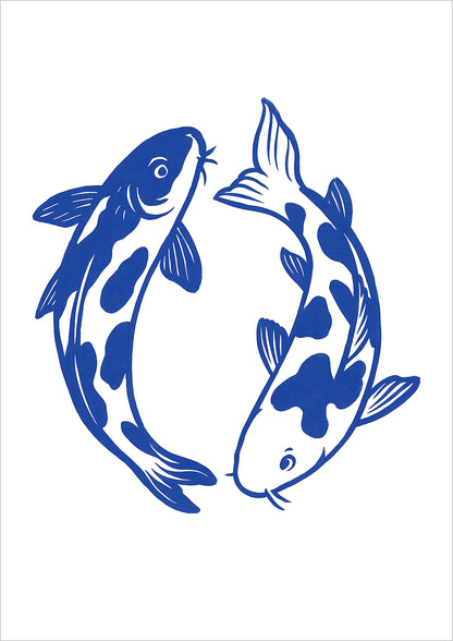 Freigestellte Illustration von zwei blauen Koi Fischen im Kreis – minimalistisches asiatisches Kunstposter