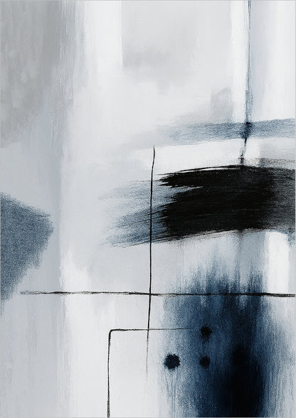 Abstraktes Poster mit Pinselschwung, Linien und Farbstruktur in Blau auf Weiß