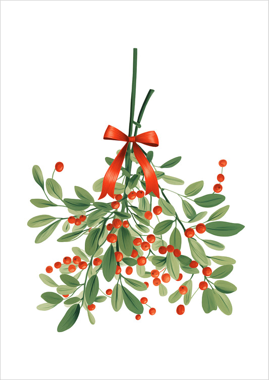 Mistelzweig mit roter Schleife freigestellt auf weißem Hintergrund