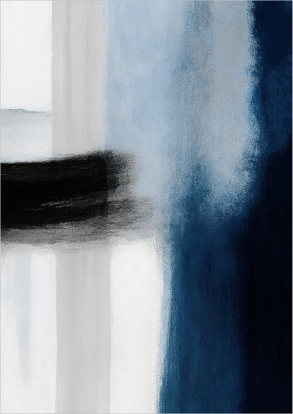 Abstraktes Poster mit dunklem Pinselstrich in Blau und Schwarz auf hellem Grund