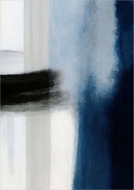 Abstraktes Poster mit dunklem Pinselstrich in Blau und Schwarz auf hellem Grund