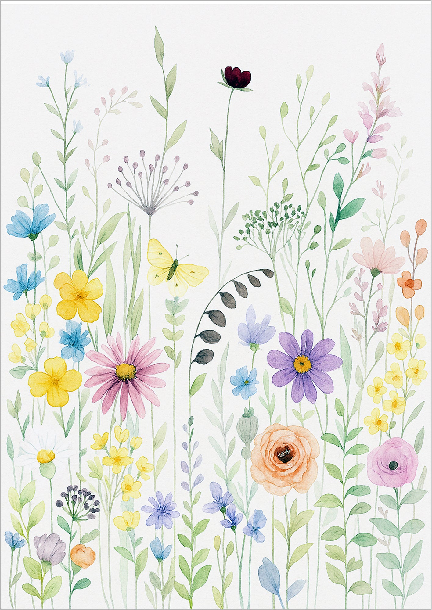 Illustration mit Blumenwiese, Schmetterlingen und Biene in Aquarelltechnik