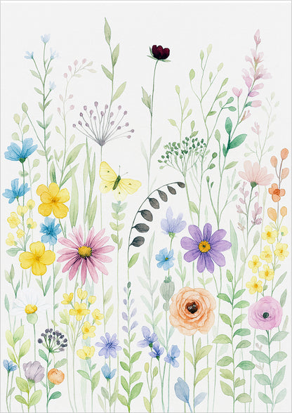 Illustration mit Blumenwiese, Schmetterlingen und Biene in Aquarelltechnik