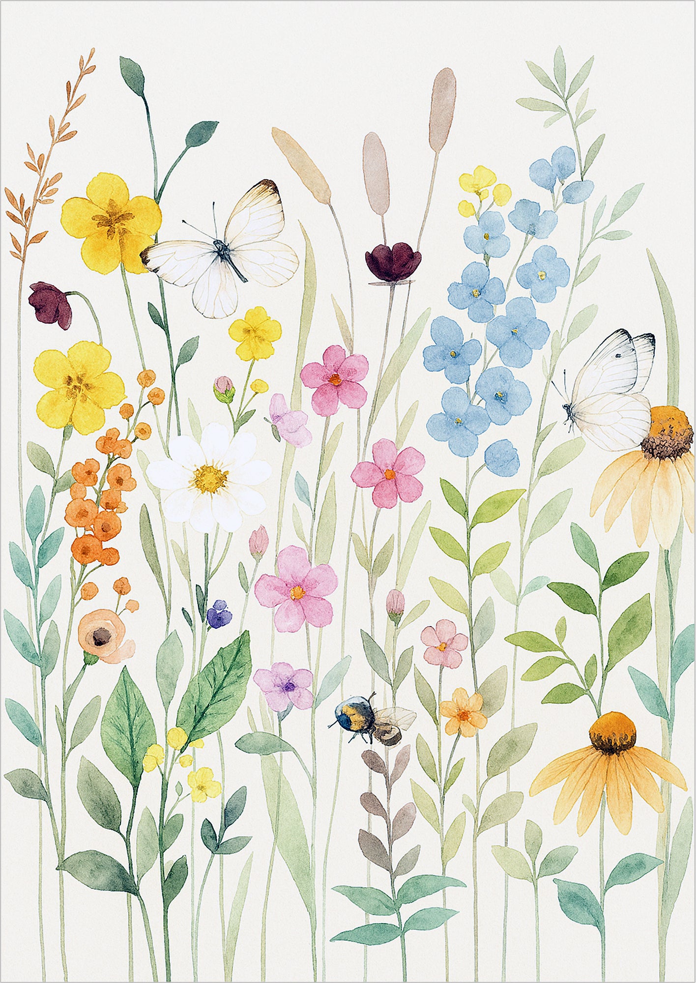 Illustration bunter Wildblumen mit Schmetterling auf weißem Hintergrund
