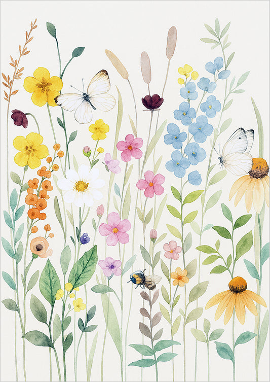 Illustration bunter Wildblumen mit Schmetterling auf weißem Hintergrund
