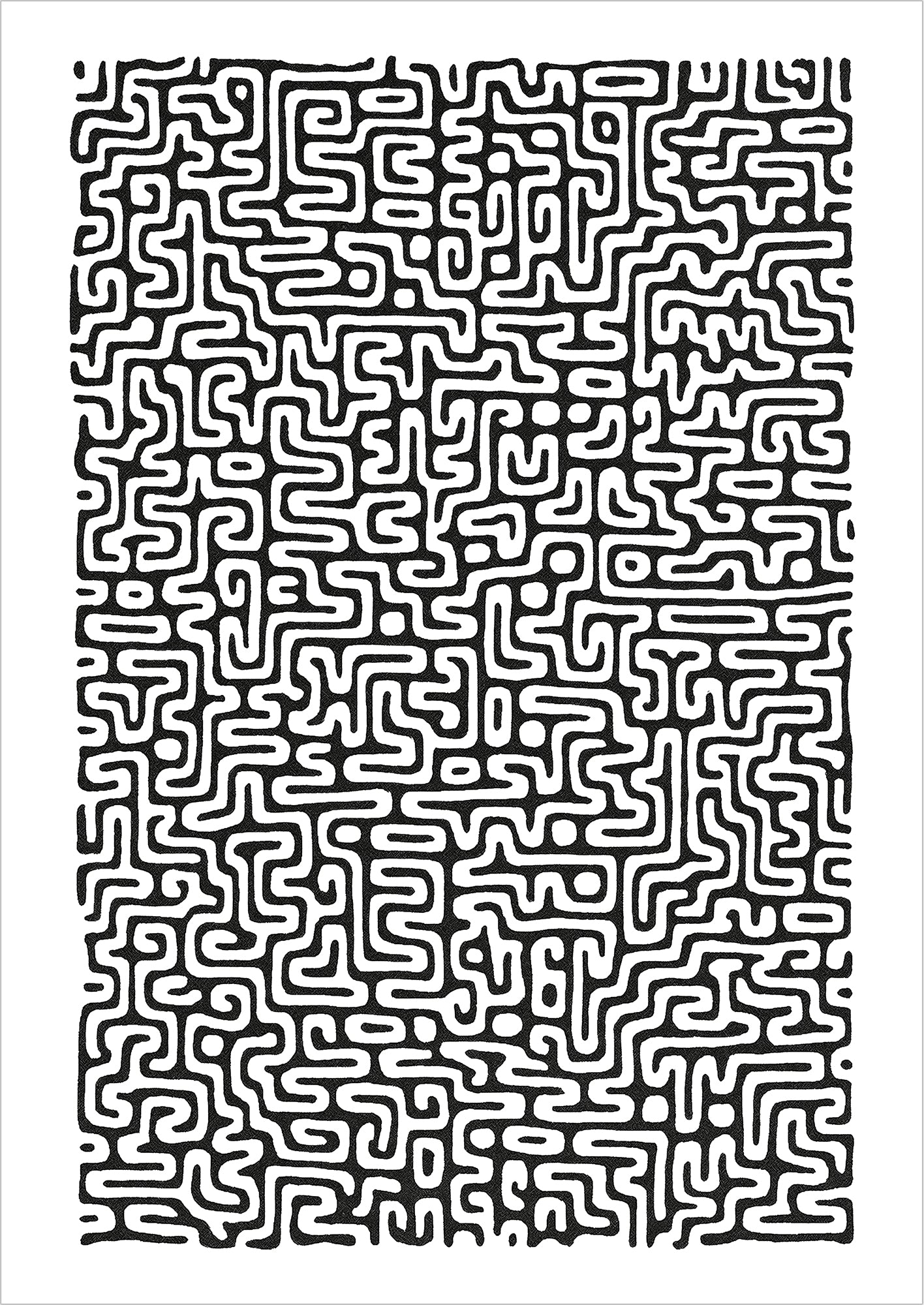 Schwarz-weißes abstraktes Linienmuster mit labyrinthartigen, organischen Strukturen auf weißem Hintergrund