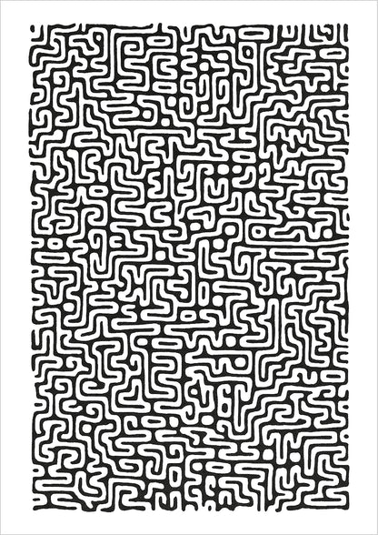 Schwarz-weißes abstraktes Linienmuster mit labyrinthartigen, organischen Strukturen auf weißem Hintergrund