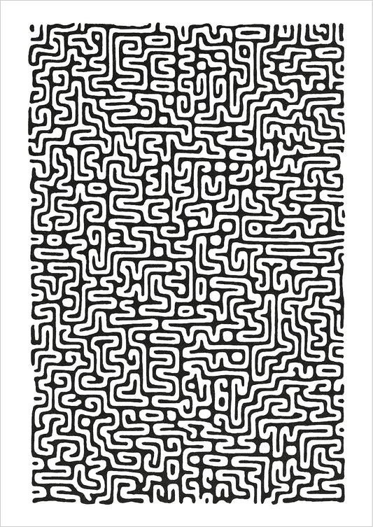 Schwarz-weißes abstraktes Linienmuster mit labyrinthartigen, organischen Strukturen auf weißem Hintergrund