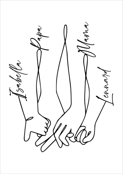 One Line Familienbild – 4er Poster mit Namen Isabella, Papa, Mama, Lennard.